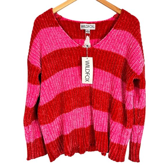 NWT Wildfox Heavy Chenille Red Pink Striped Oversized V-neck Knit Sweater Size S - Picture 5 of 16